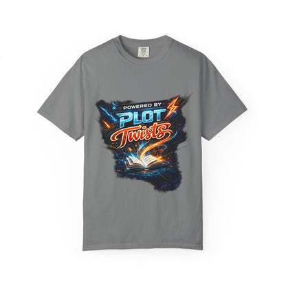 "Powered by Plot Twists" T-Shirt — Graphic Book Lover Tee