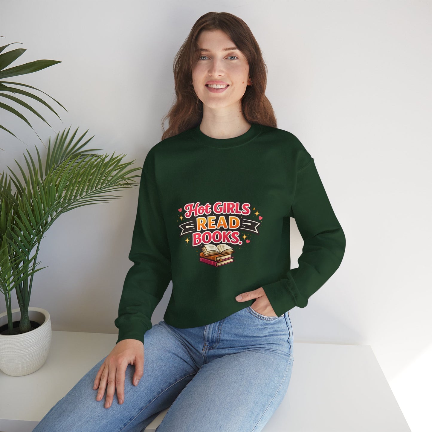 "Hot Girls Read Books" Crewneck Sweatshirt - Cozy Graphic Pullover for Book Lovers