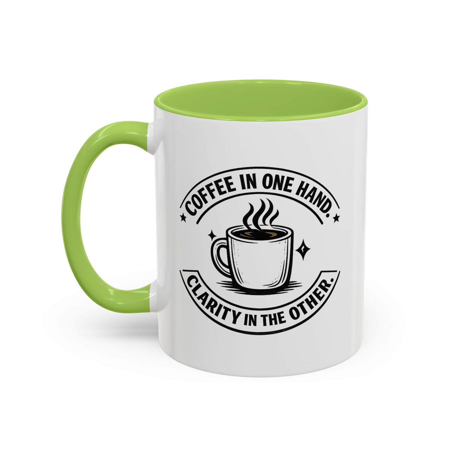 "Coffee in One Hand. Clarity in the Other" Black Accent Coffee Mug — Vintage Badge Coffee Lover Gift (11/15oz)