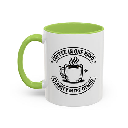 "Coffee in One Hand. Clarity in the Other" Black Accent Coffee Mug — Vintage Badge Coffee Lover Gift (11/15oz)
