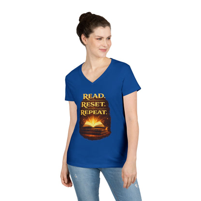"Read Reset Repeat" V-Neck T-Shirt — Inspirational Book Lover Tee