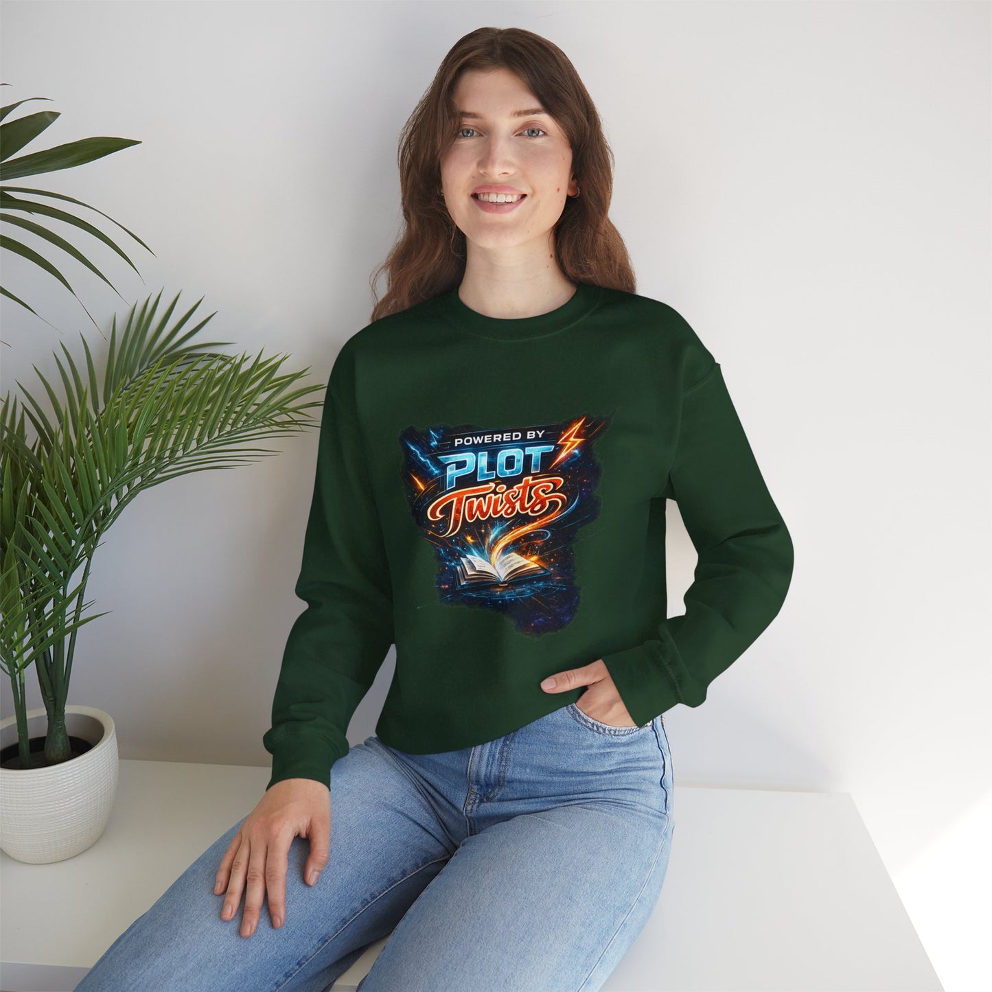 "Powered by Plot Twists" Crewneck Sweatshirt — Literary Reader & Writer Gift