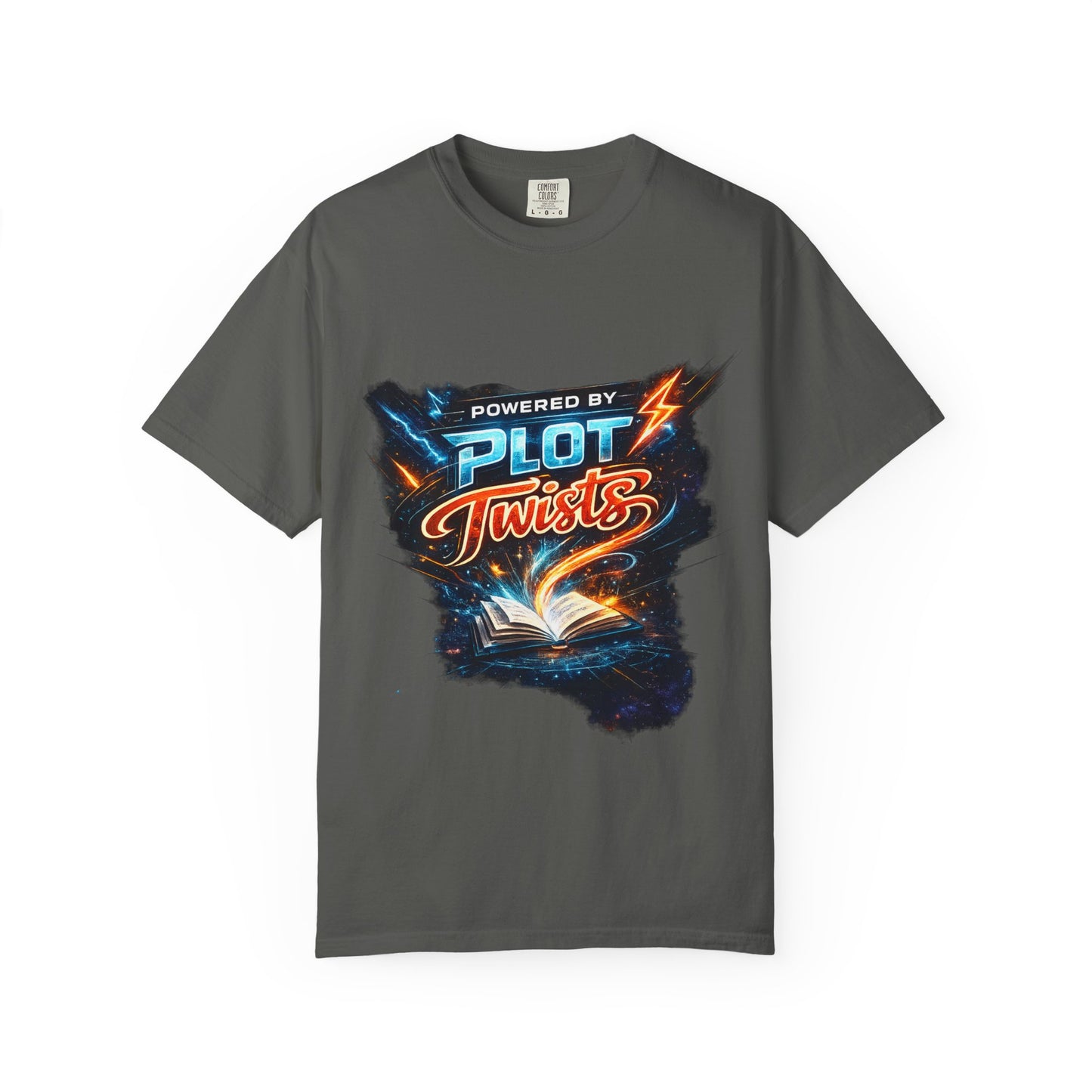 "Powered by Plot Twists" T-Shirt — Graphic Book Lover Tee