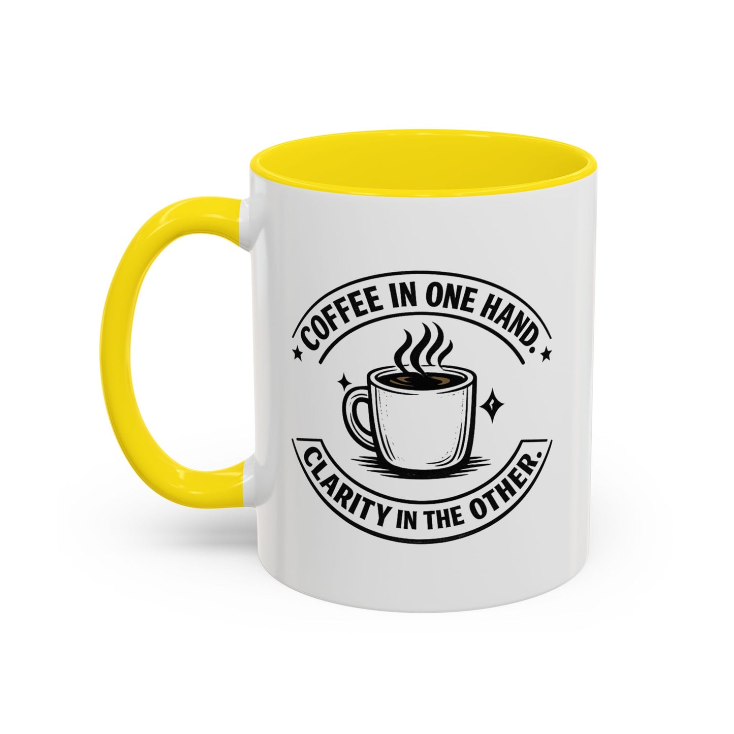 "Coffee in One Hand. Clarity in the Other" Black Accent Coffee Mug — Vintage Badge Coffee Lover Gift (11/15oz)