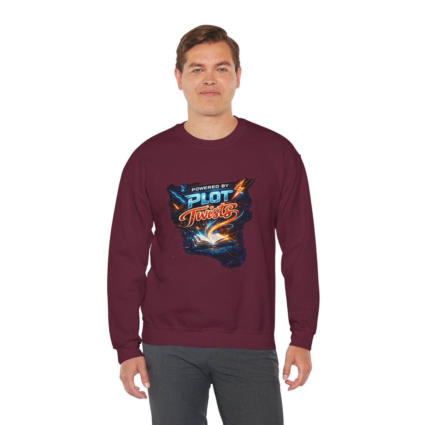"Powered by Plot Twists" Crewneck Sweatshirt — Literary Reader & Writer Gift