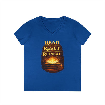 "Read Reset Repeat" V-Neck T-Shirt — Inspirational Book Lover Tee