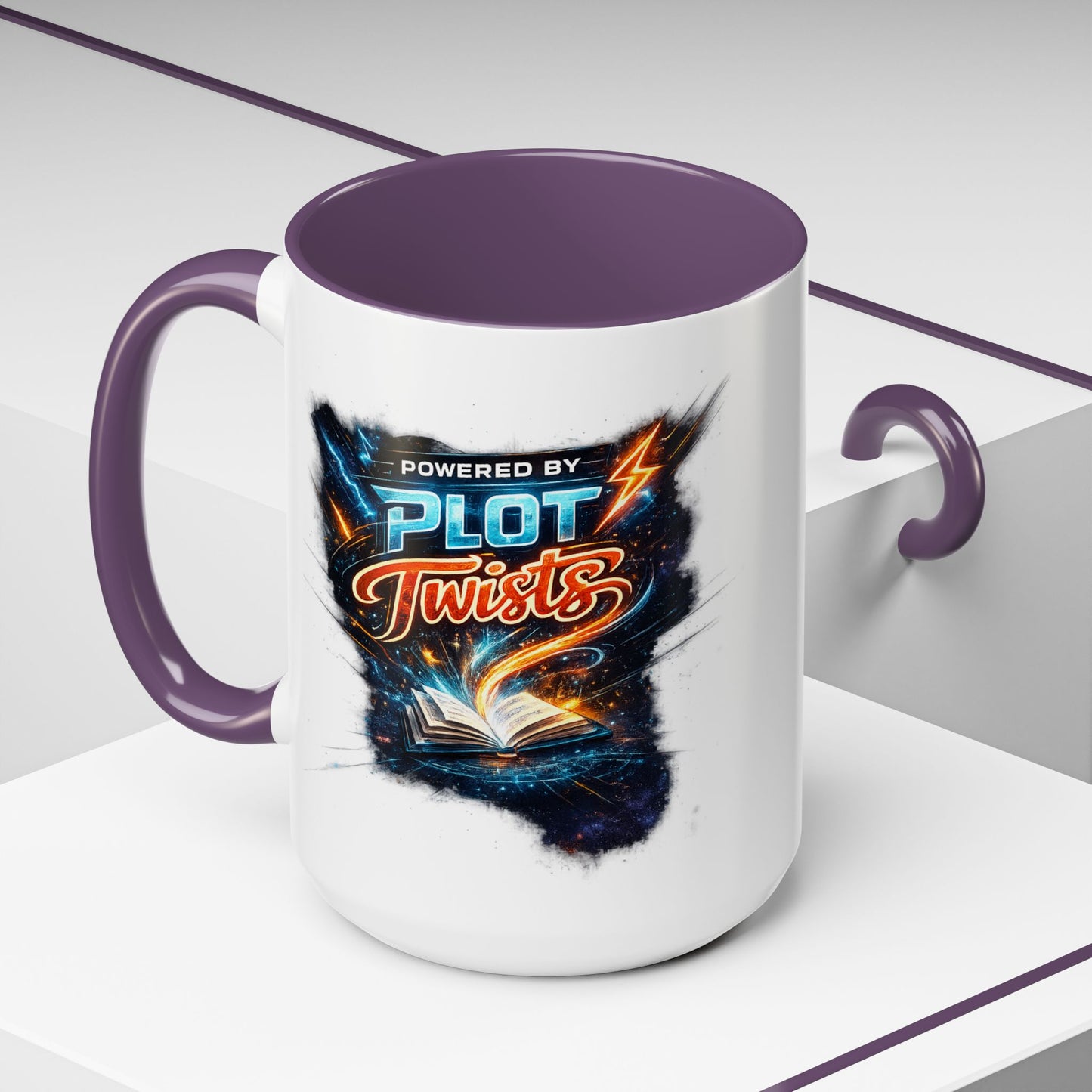 Powered by Plot Twists; Black Accent Coffee Mug with Neon Lightning Skull Design