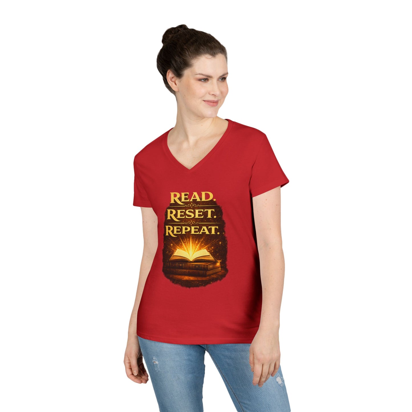 "Read Reset Repeat" V-Neck T-Shirt — Inspirational Book Lover Tee