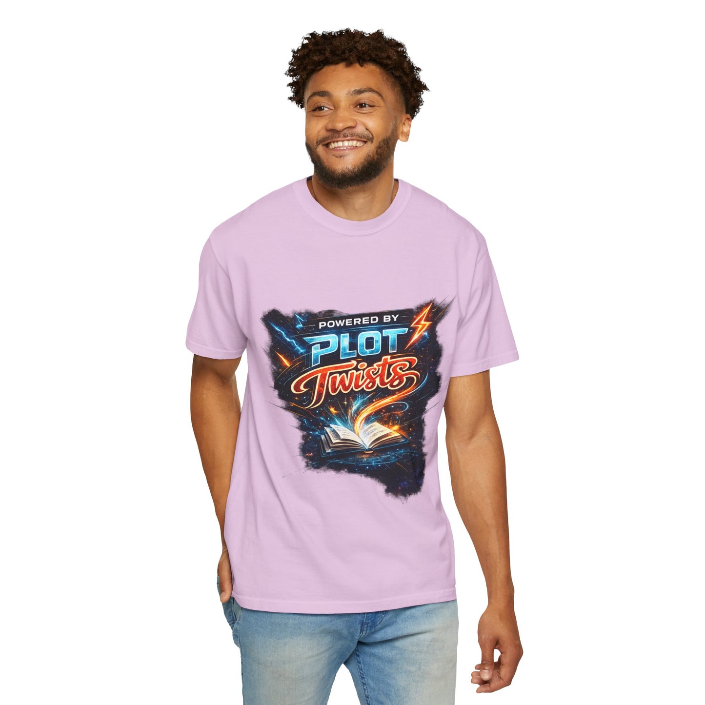 "Powered by Plot Twists" T-Shirt — Graphic Book Lover Tee