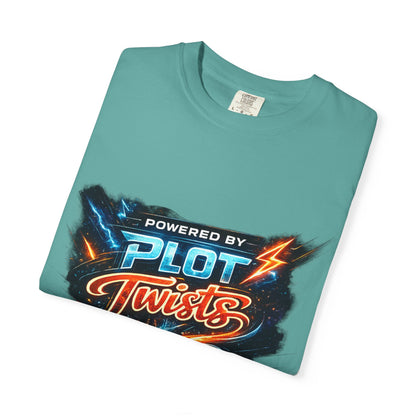 "Powered by Plot Twists" T-Shirt — Graphic Book Lover Tee