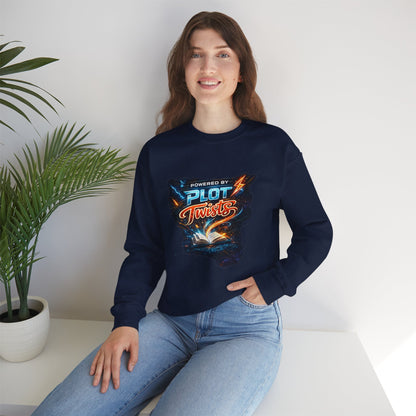 "Powered by Plot Twists" Crewneck Sweatshirt — Literary Reader & Writer Gift