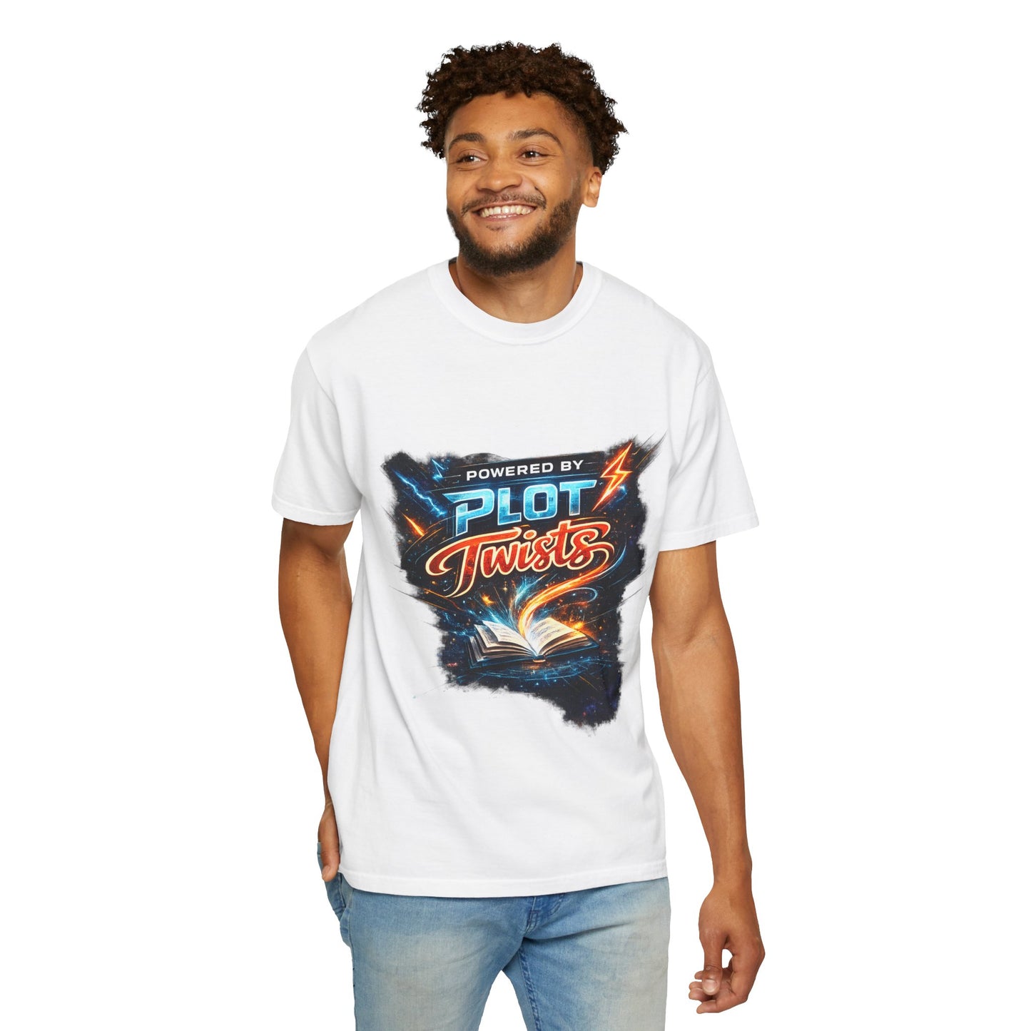 "Powered by Plot Twists" T-Shirt — Graphic Book Lover Tee