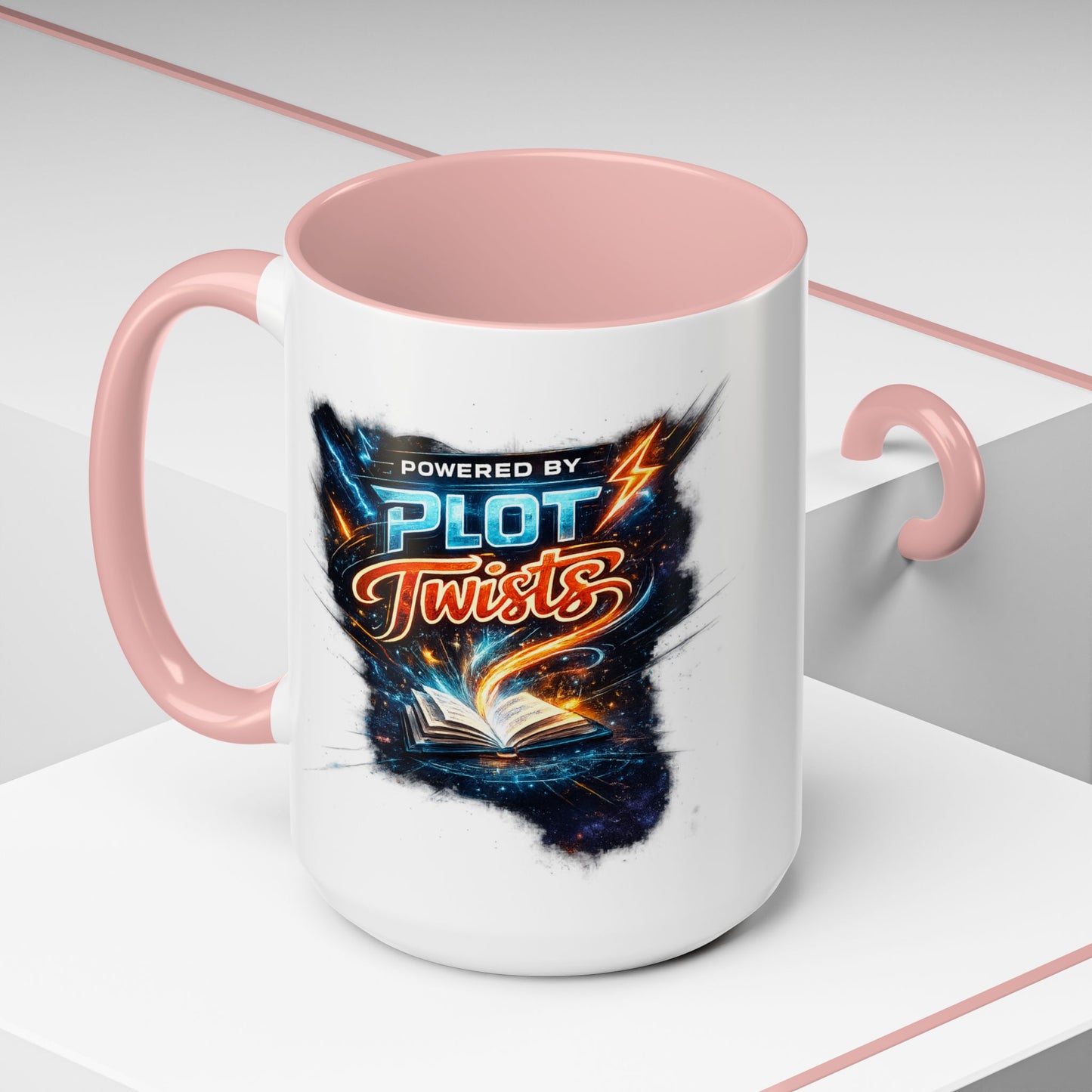Powered by Plot Twists; Black Accent Coffee Mug with Neon Lightning Skull Design