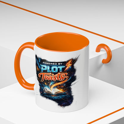 Powered by Plot Twists; Black Accent Coffee Mug with Neon Lightning Skull Design