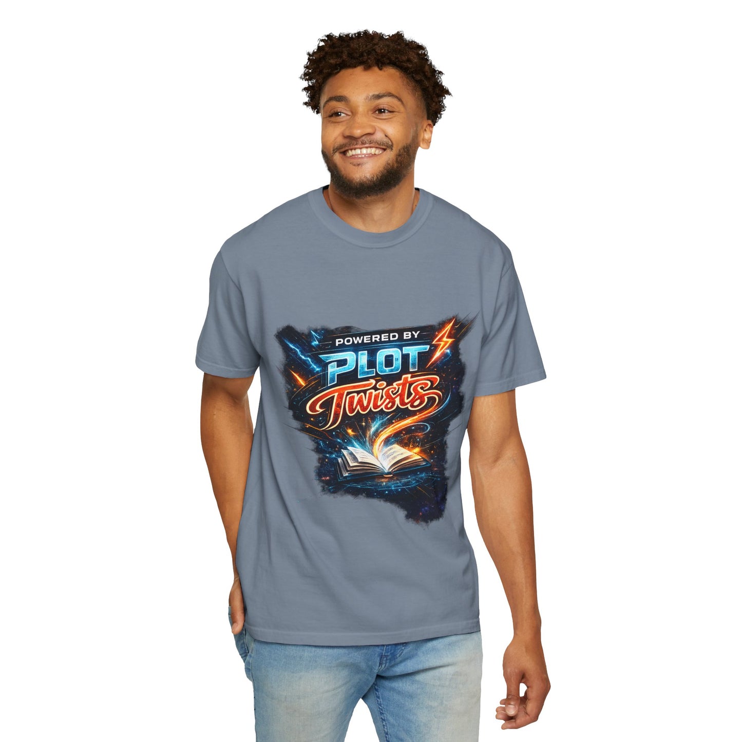 "Powered by Plot Twists" T-Shirt — Graphic Book Lover Tee