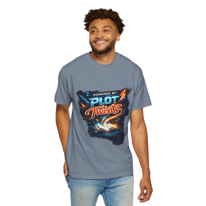 "Powered by Plot Twists" T-Shirt — Graphic Book Lover Tee