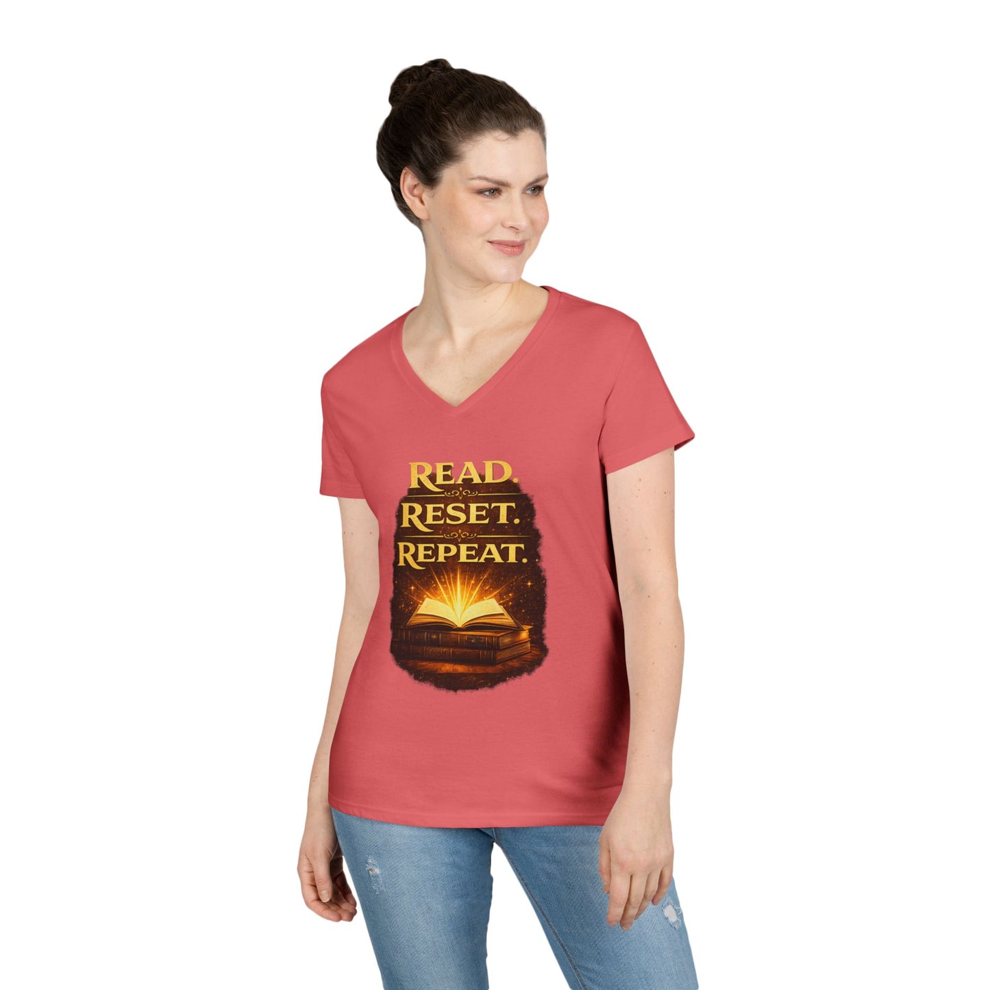 "Read Reset Repeat" V-Neck T-Shirt — Inspirational Book Lover Tee