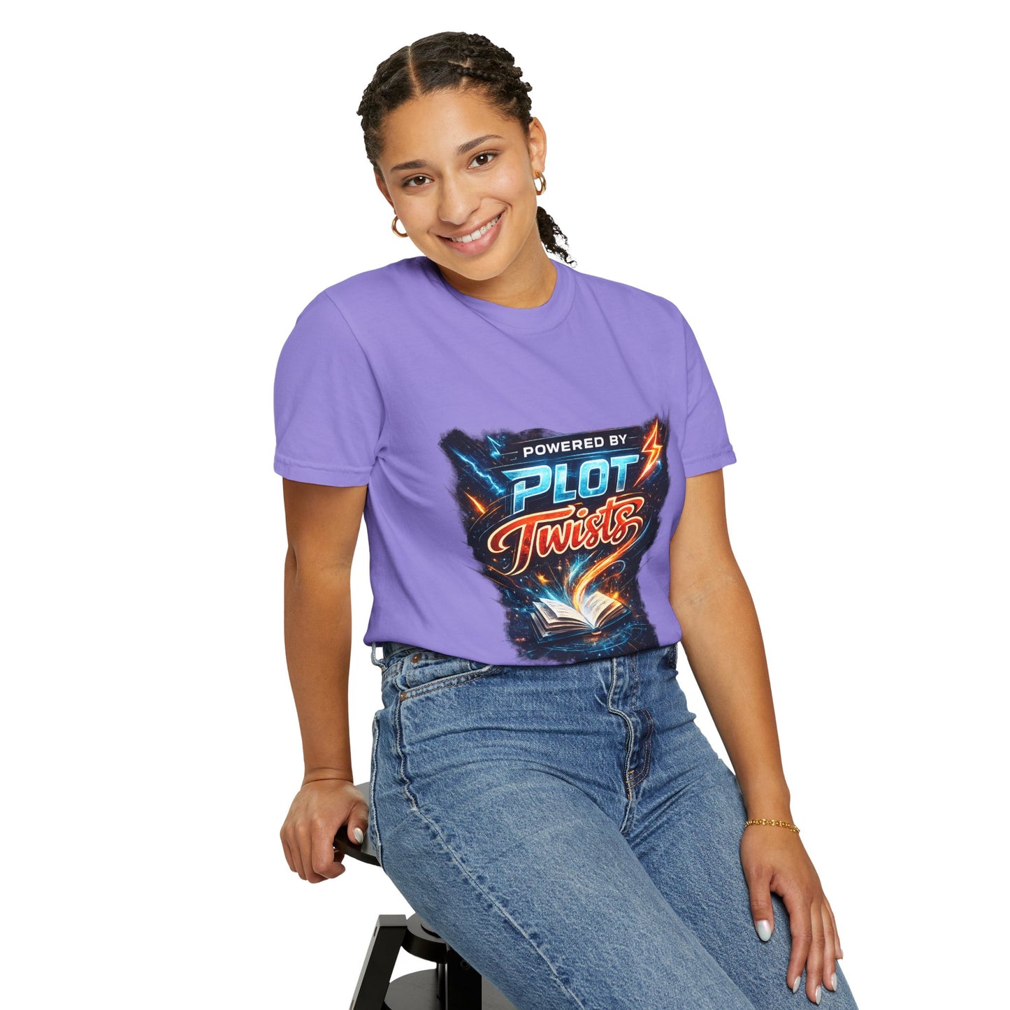 "Powered by Plot Twists" T-Shirt — Graphic Book Lover Tee