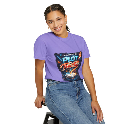 "Powered by Plot Twists" T-Shirt — Graphic Book Lover Tee