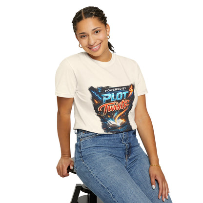 "Powered by Plot Twists" T-Shirt — Graphic Book Lover Tee
