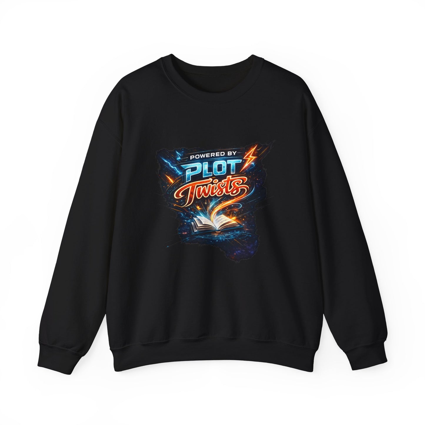 "Powered by Plot Twists" Crewneck Sweatshirt — Literary Reader & Writer Gift