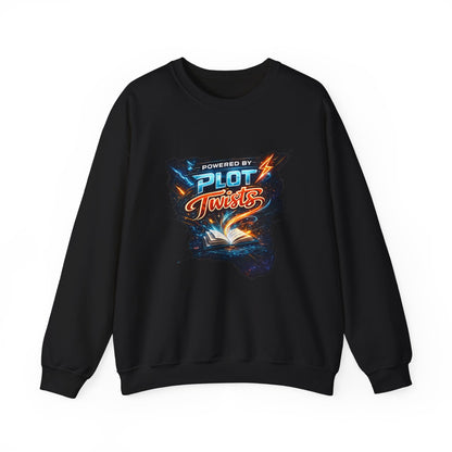 "Powered by Plot Twists" Crewneck Sweatshirt — Literary Reader & Writer Gift