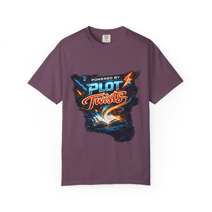 "Powered by Plot Twists" T-Shirt — Graphic Book Lover Tee