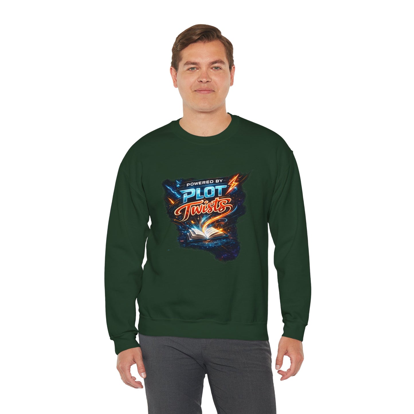 "Powered by Plot Twists" Crewneck Sweatshirt — Literary Reader & Writer Gift