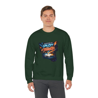 "Powered by Plot Twists" Crewneck Sweatshirt — Literary Reader & Writer Gift