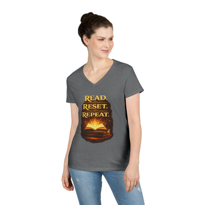 "Read Reset Repeat" V-Neck T-Shirt — Inspirational Book Lover Tee