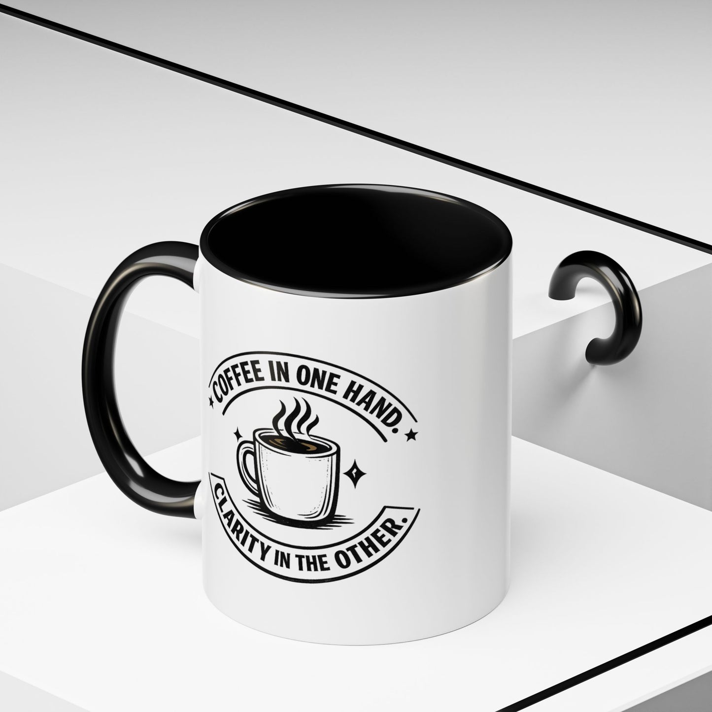 "Coffee in One Hand. Clarity in the Other" Black Accent Coffee Mug — Vintage Badge Coffee Lover Gift (11/15oz)