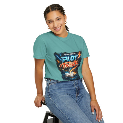 "Powered by Plot Twists" T-Shirt — Graphic Book Lover Tee