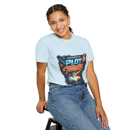 "Powered by Plot Twists" T-Shirt — Graphic Book Lover Tee
