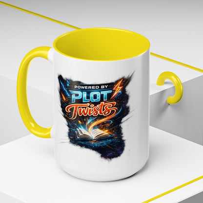 Powered by Plot Twists; Black Accent Coffee Mug with Neon Lightning Skull Design