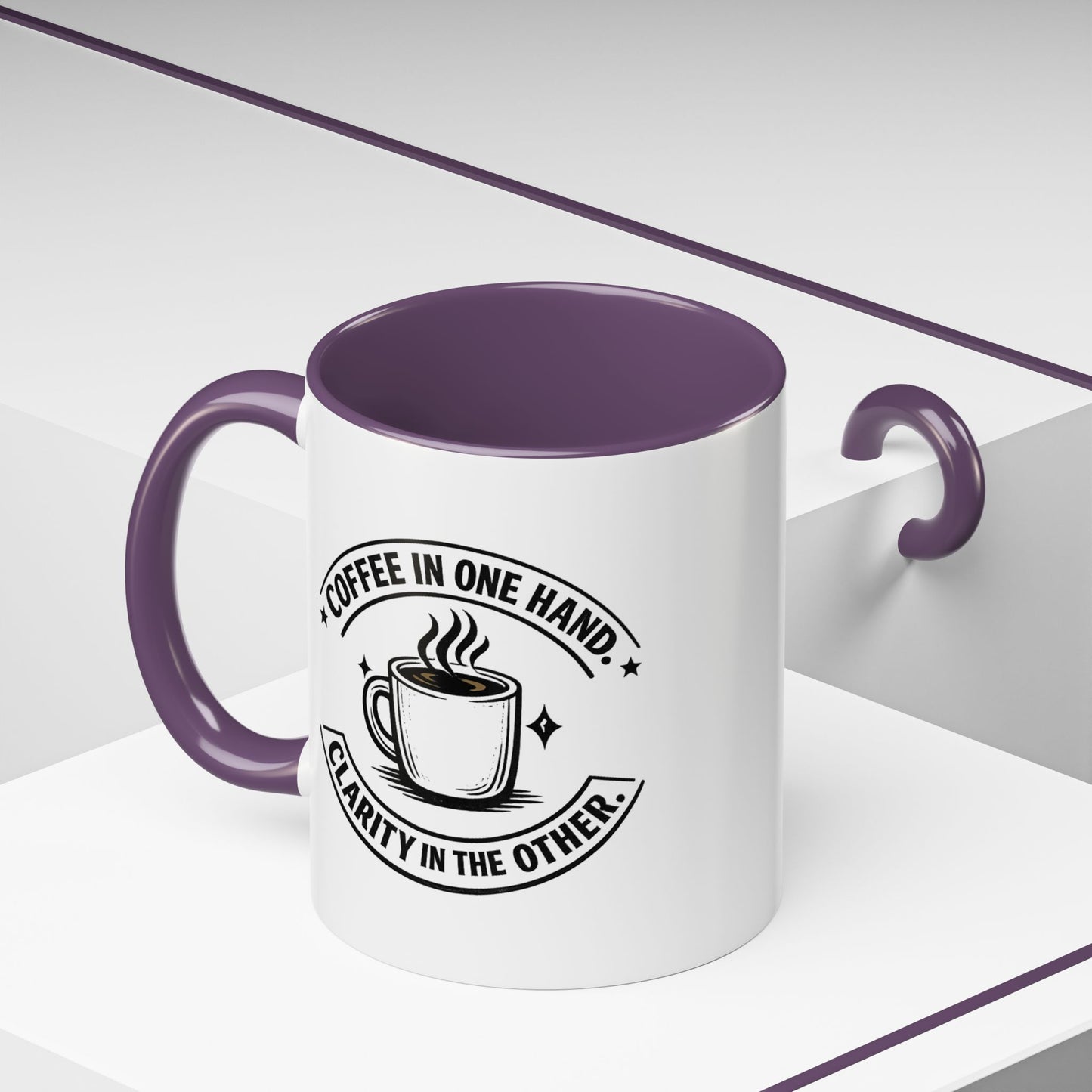 "Coffee in One Hand. Clarity in the Other" Black Accent Coffee Mug — Vintage Badge Coffee Lover Gift (11/15oz)