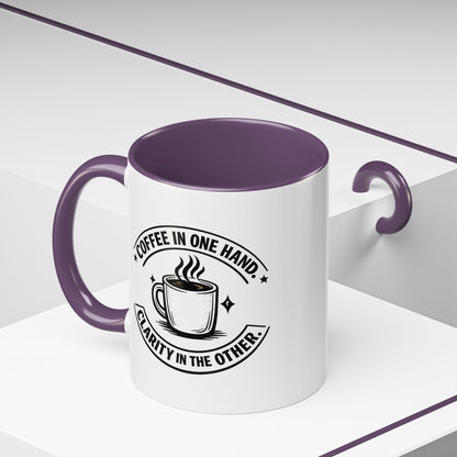 "Coffee in One Hand. Clarity in the Other" Black Accent Coffee Mug — Vintage Badge Coffee Lover Gift (11/15oz)