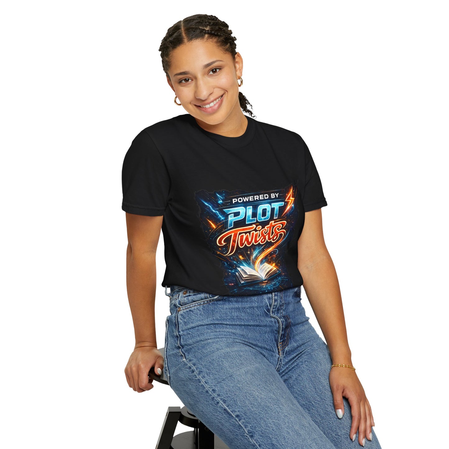 "Powered by Plot Twists" T-Shirt — Graphic Book Lover Tee