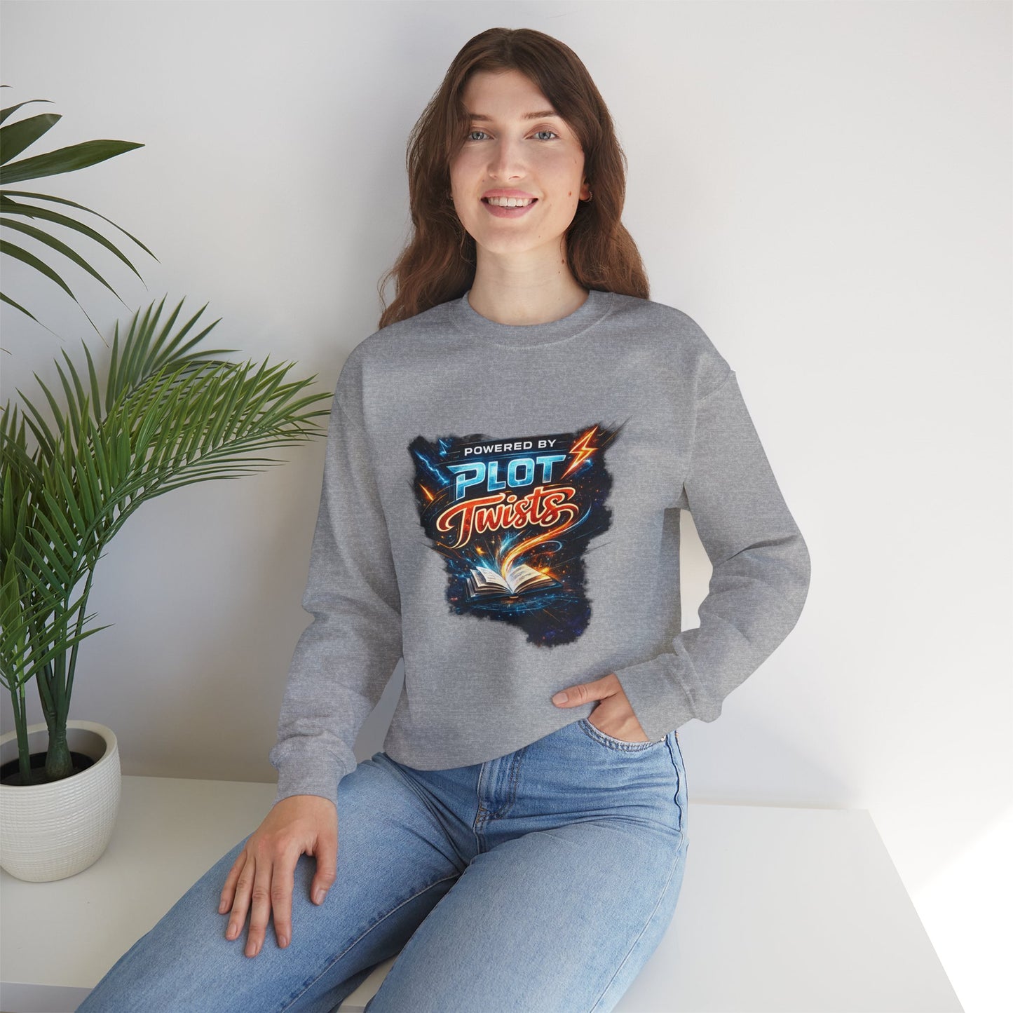 "Powered by Plot Twists" Crewneck Sweatshirt — Literary Reader & Writer Gift