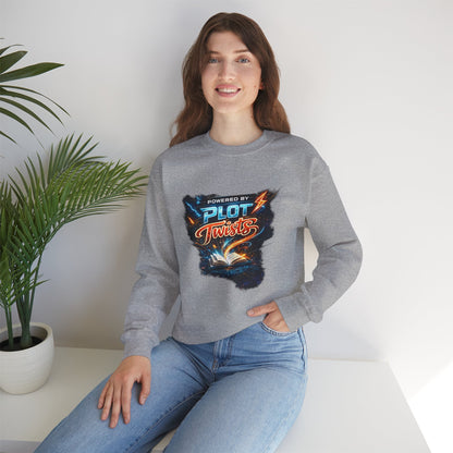 "Powered by Plot Twists" Crewneck Sweatshirt — Literary Reader & Writer Gift