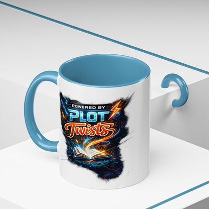 Powered by Plot Twists; Black Accent Coffee Mug with Neon Lightning Skull Design