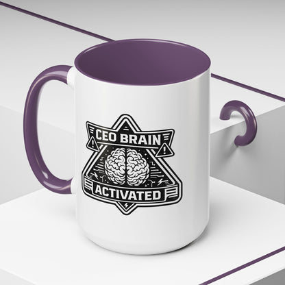"CEO Brain Activated" Adventure Crew Coffee Mug — Retro Badge Accent 11/15oz