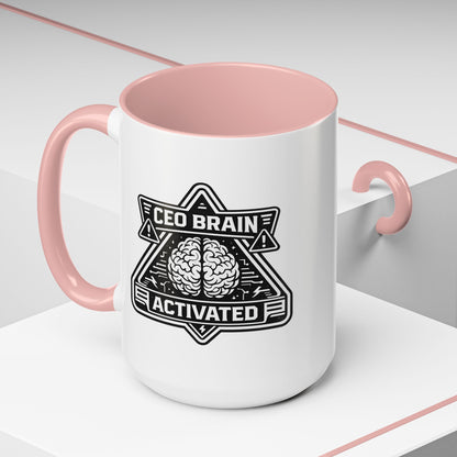 "CEO Brain Activated" Adventure Crew Coffee Mug — Retro Badge Accent 11/15oz