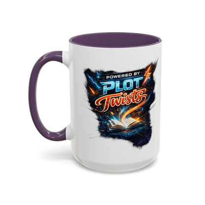 Powered by Plot Twists; Black Accent Coffee Mug with Neon Lightning Skull Design