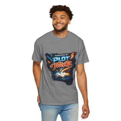 "Powered by Plot Twists" T-Shirt — Graphic Book Lover Tee
