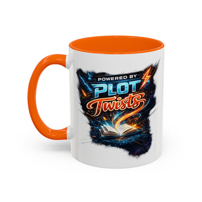 Powered by Plot Twists; Black Accent Coffee Mug with Neon Lightning Skull Design