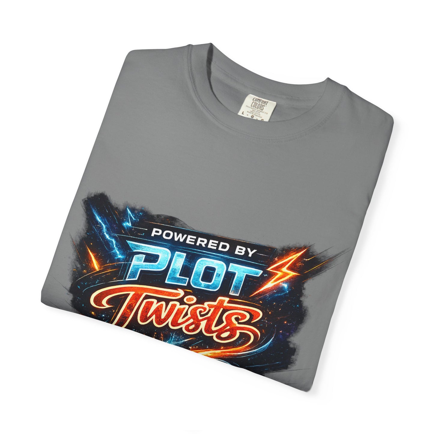 "Powered by Plot Twists" T-Shirt — Graphic Book Lover Tee