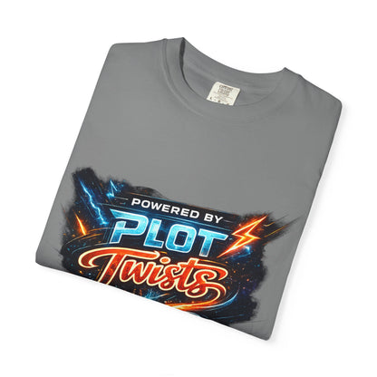 "Powered by Plot Twists" T-Shirt — Graphic Book Lover Tee