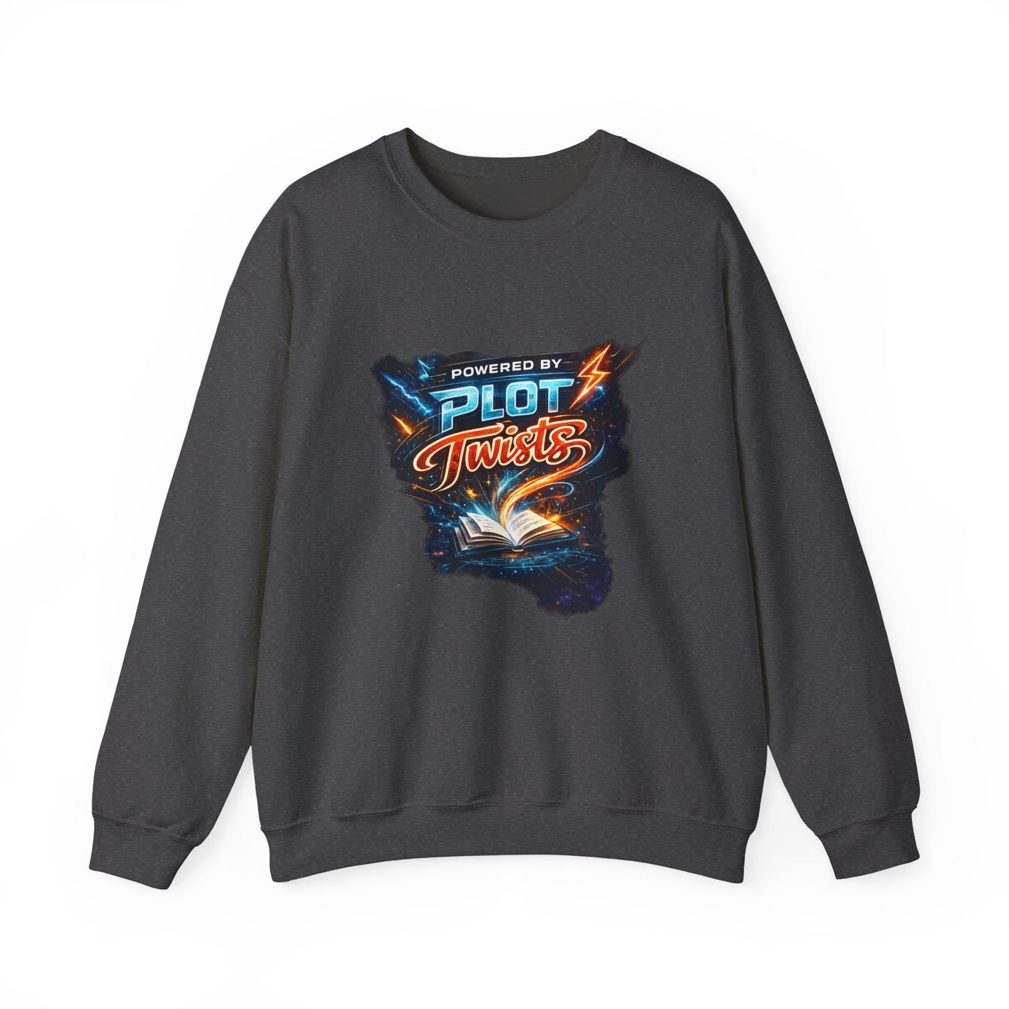 "Powered by Plot Twists" Crewneck Sweatshirt — Literary Reader & Writer Gift
