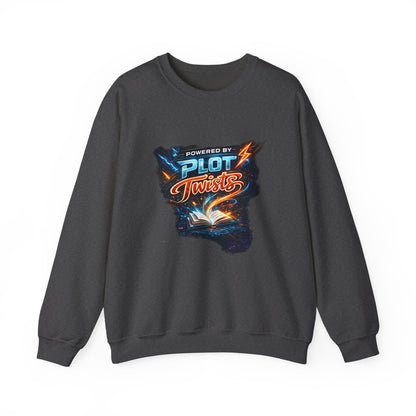 "Powered by Plot Twists" Crewneck Sweatshirt — Literary Reader & Writer Gift