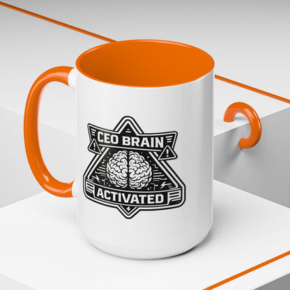 "CEO Brain Activated" Adventure Crew Coffee Mug — Retro Badge Accent 11/15oz